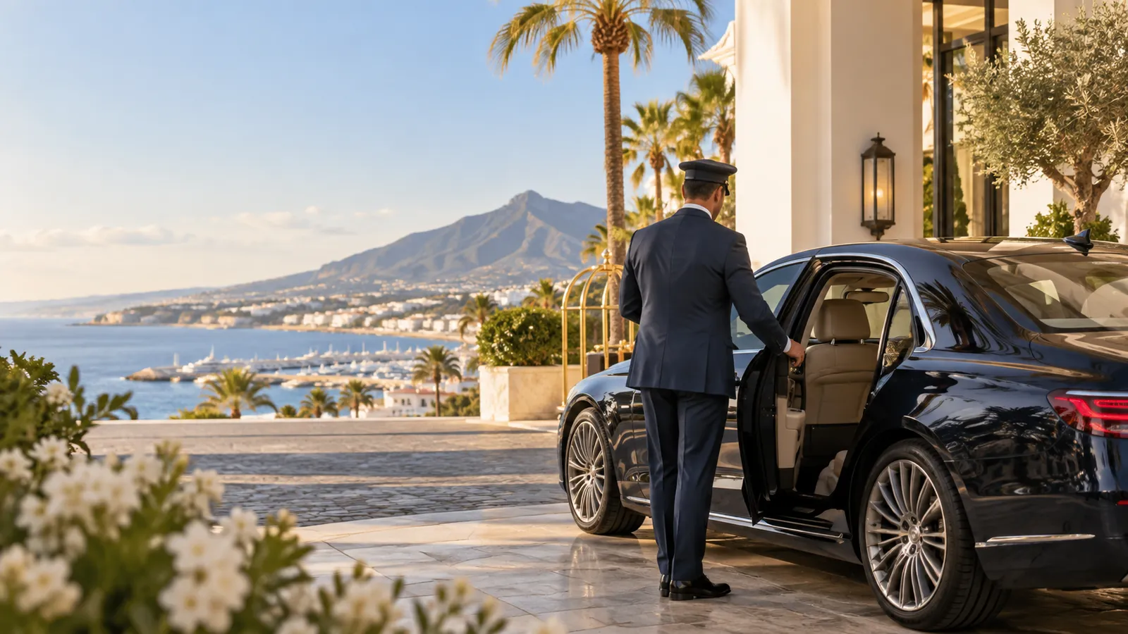 En chauffør åbner bagdøren på en sedan ved et hotel i Marbella, med Puerto Banús og La Concha i baggrunden