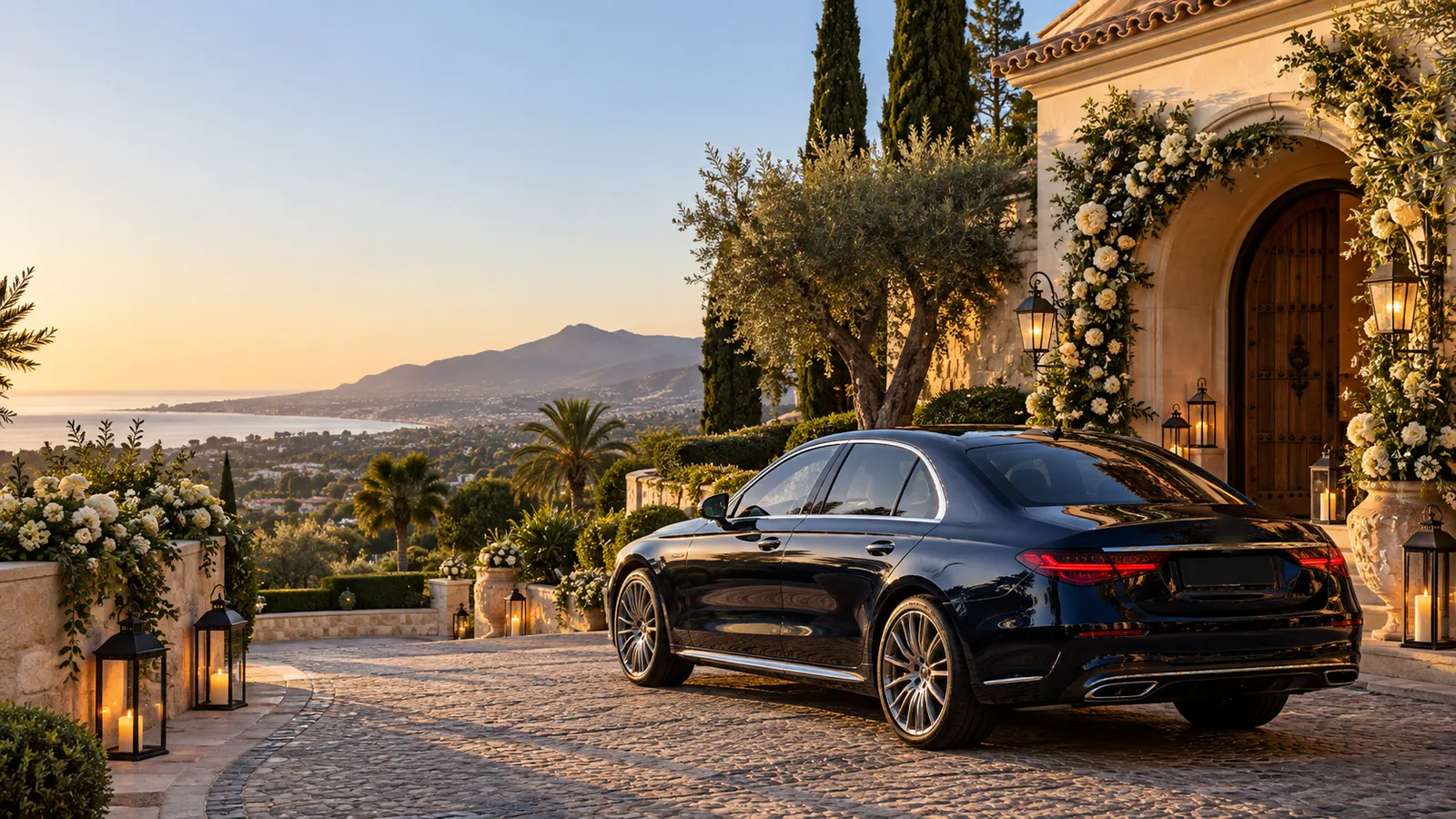 Eine dunkle Limousine vor dem blumengeschmückten Eingang einer Finca mit Meerblick, bereit für eine Hochzeit