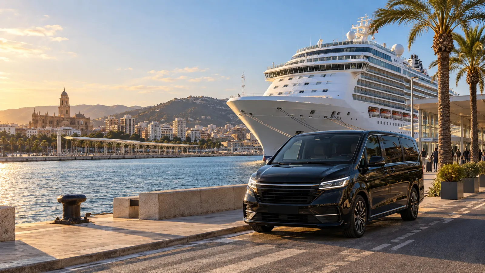 Een minivan wacht op de kade van de haven van Málaga naast een cruiseschip, met de kathedraal op de achtergrond